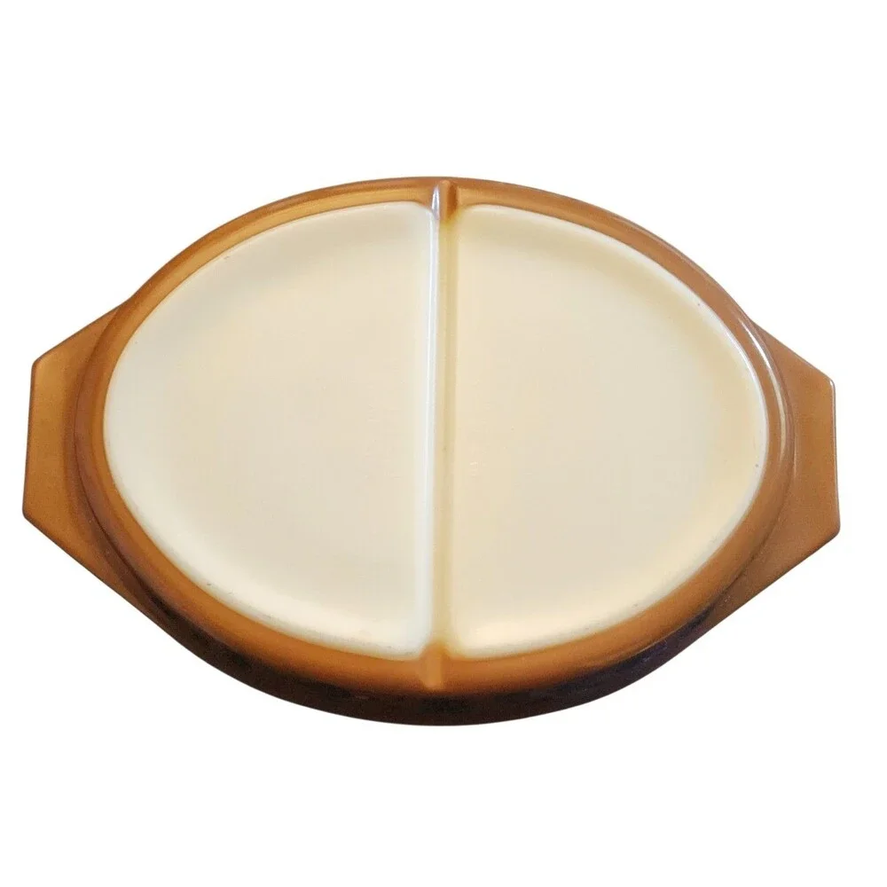 Pyrex Early American Divided Dish 1 1/2qt. Brown w/ Gold Accents White Interior